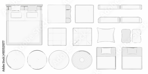 Top down view of bedroom furniture arrangement and various design elements