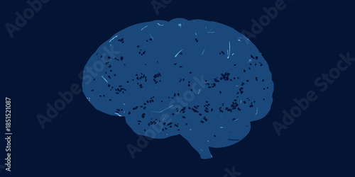 A stylized blue brain illustration with numerous small dark spots inside