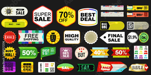 Colorful collection of discount ribbons and sale badges for promotions