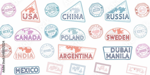 Colorful passport stamps from various countries create a vibrant travel pattern
