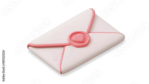 Soft pale envelope with rounded corners sealed by a pink heart wax stamp, gentle shadows with sheen