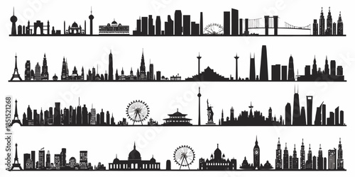 City skylines from around the world in black silhouette
