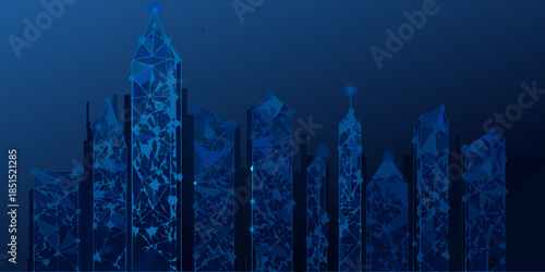 Abstract futuristic cityscape with polygonal structures in deep blue tones