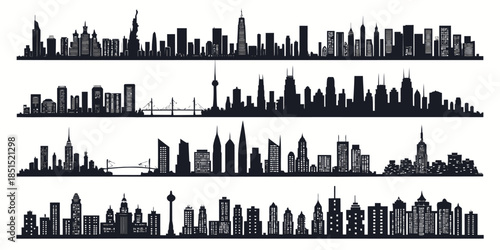 Black silhouettes of city skylines with various buildings