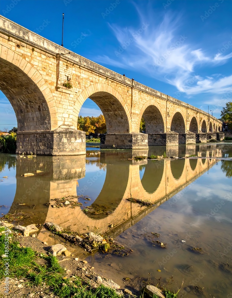 Fototapeta premium A classical stone bridge spans a calm river, reflecting the arches and sky. Clear blue sky with streaky clouds adds to the serene scene