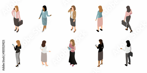 Isometric illustration of diverse women in professional attire walking and working