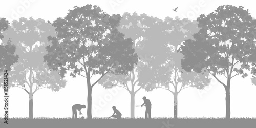 A grayscale depiction of trees and people tending to a garden