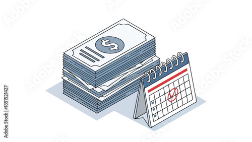 Stack of paper money beside a spiral desk calendar with a circled due date, isometric angled shadow