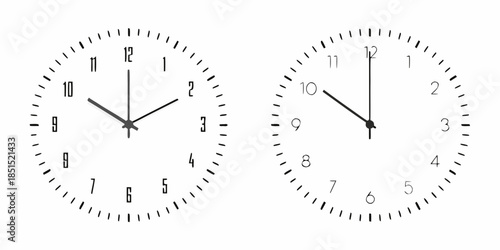 Two analog wall clocks displaying different times on a white background