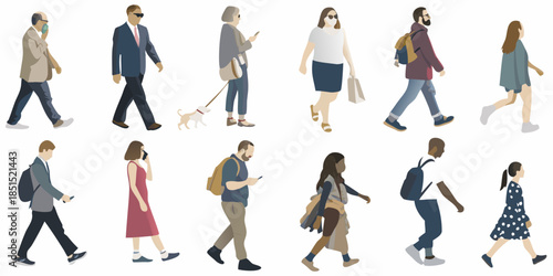 Diverse group of people walking illustrated in a flat minimalist style