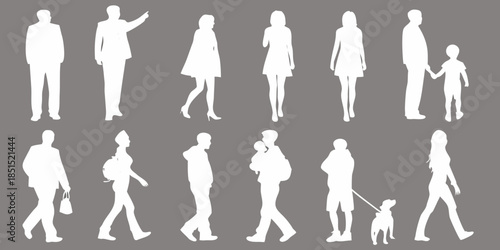 Silhouettes of diverse people in various poses against a gray background