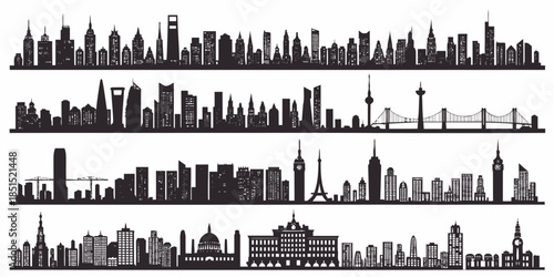City skylines with iconic buildings and bridges in silhouette