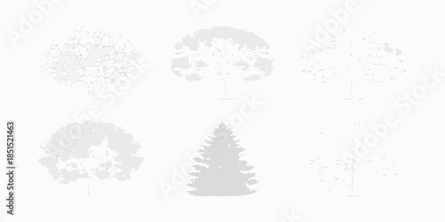 Silhouettes of various tree types against a plain light gray background