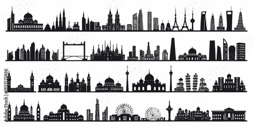 City skylines from around the world in black silhouette