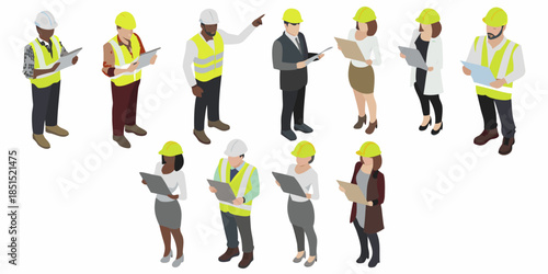 Diverse team of construction workers and professionals in isometric illustration