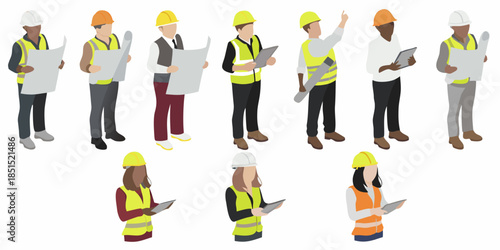 Construction workers reviewing blueprints and plans in a collaborative work environment