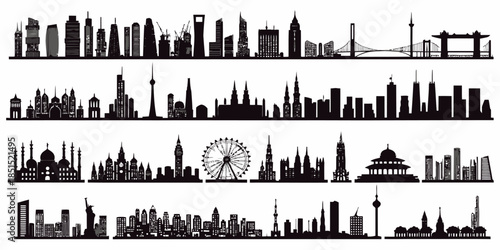 City skylines from around the world in black silhouette