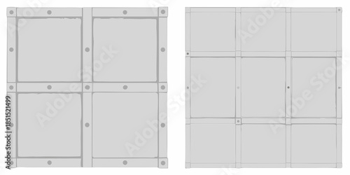 Two gray rectangular wooden doors with metal reinforcement details shown