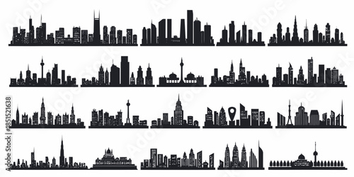 City skylines from around the world in black silhouette