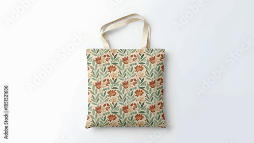 Tote bag with vintage floral pattern in muted greens rust and beige on natural canvas background hue