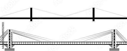 Outline of a large detailed bridge with lanterns. Side view. 3D. Vector illustration.