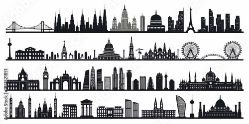 Black silhouettes of famous city skylines and landmarks worldwide