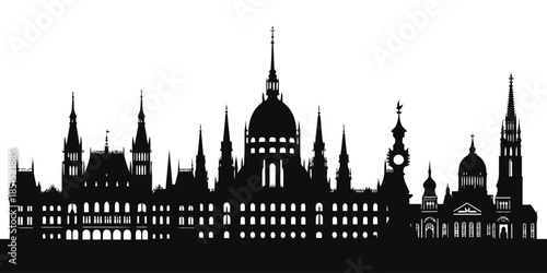 Stunning black silhouette of historic European city skyline with spires