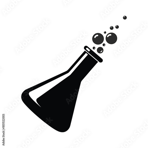 Black laboratory flask with bubbling liquid and spheres on white background science chemical