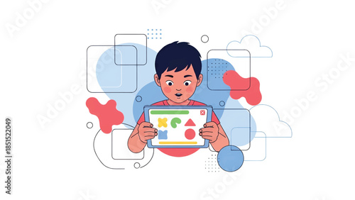 Young child holding tablet with a colorful shape learning app amazed expression amid abstract shapes