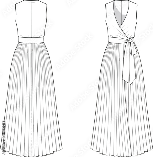 Women wrap bodice pleated maxi dress technical flat drawing, sleeveless long skirt with tie belt, front back view cad vector illustration