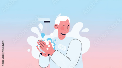 Young person washing hands with soap under running water, lathering bubbles against pastel backdrop