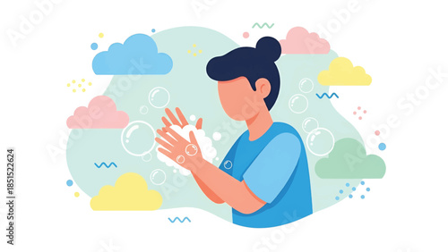 Young person washing hands thoroughly with bubbly soap against a pastel cloud background foam galore