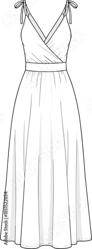 Women wrap tie strap maxi dress technical flat drawing, sleeveless long flowy dress with belt, cad vector illustration