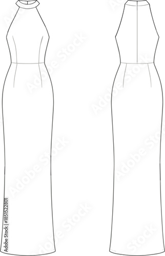 Women sleeveless high neck gown technical flat drawing, long fitted column dress, front back view, cad vector illustration