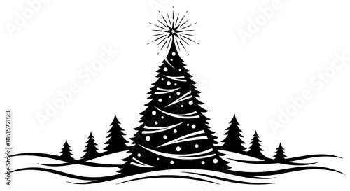 Green fir christmas tree vector illustration featuring snowflakes and pine trees in a snowy winter forest landscape for a holiday season celebration card