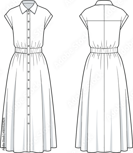 Women button front shirt dress technical flat drawing, short sleeve midi dress with belt, front back view, cad vector illustration