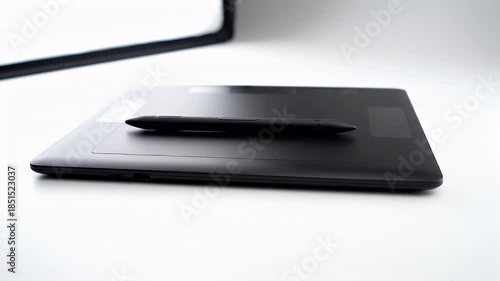 Sleek Black Laptop with Closed Lid on White Desk.