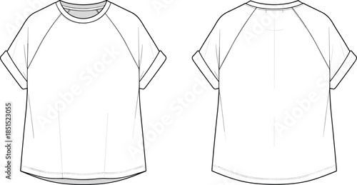Raglan sleeve t shirt technical flat drawing, rolled cuff casual top, front back view, cad vector illustration apparel
