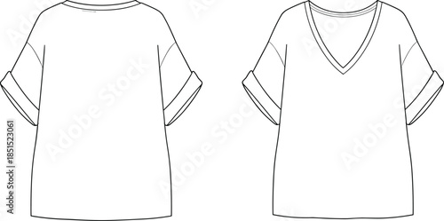 V neck t shirt technical flat drawing, rolled sleeve casual top, front back view, cad vector illustration apparel design