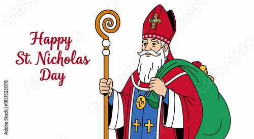 Cartoon illustration of a fun wizard character and Santa Claus with a red hat and white beard holding gifts and a magic wand for a winter Christmas holiday celebration isolated on white