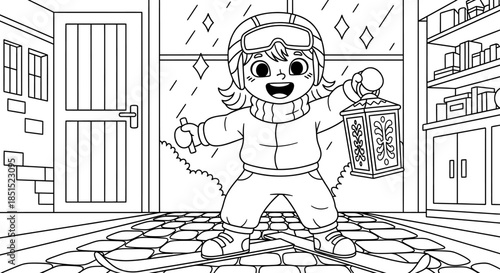 A funny cartoon illustration of a man and dog in a room with a cat and bear, featuring a fairy tale coloring book outline style for children