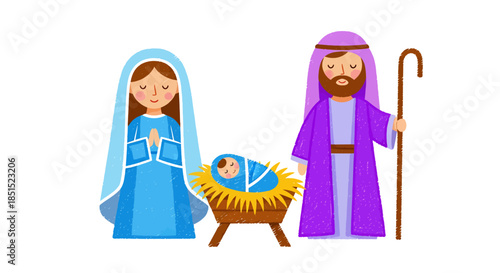 Vector illustration of a smiling mother with her son and daughter, depicting family love through a cartoon drawing of people including a boy, girl, and baby near a cross of Jesus Christ