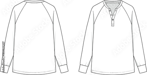 Long sleeve henley t shirt technical flat drawing, raglan sleeve top with buttons, front back view, cad vector illustration