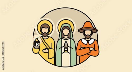 Vector illustration of Jesus Christ on the cross featuring an angel and abstract background design with family, men, and children icons in a modern art style symbol