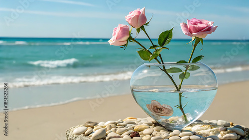 Three delicate pink roses in a clear glass vase on a pebble-strewn beach with the turquoise ocean and blue sky in the background.