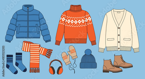 A comprehensive collection of vector illustrations featuring a stylish set of winter clothes and casual fashion templates including jackets, coats, sweaters, and pants for a modern textile design