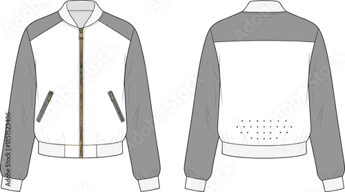 Color block bomber jacket technical flat drawing, long sleeve zip up jacket with rib collar, front back view, cad vector illustration