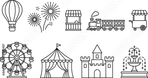 Amusement park icon set illustration, featuring ferris wheel, circus tent, castle, hot air balloon, fireworks, train ride, food carts, decorative fountain