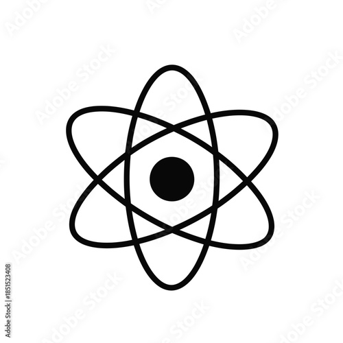 Black atom symbol with orbiting electrons on white background science