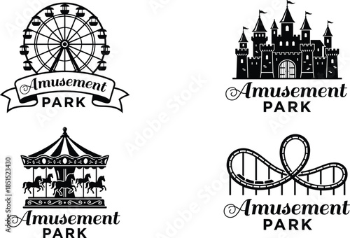 Amusement park icons illustration set, including ferris wheel, castle attraction, carousel ride, roller coaster design, theme park logo elements for entertainment branding